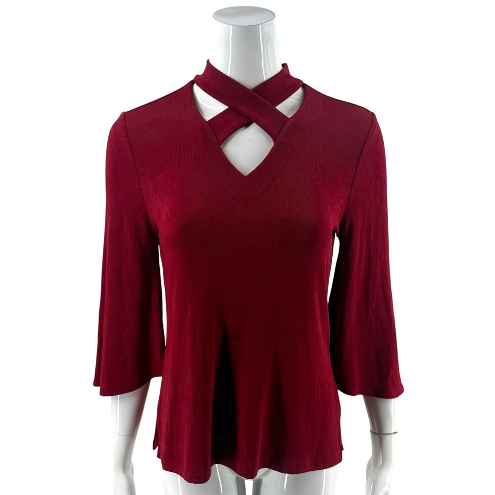 Chicos Travelers Womens Slinky Knit Top Size 0 / US Small Red Criss Cross Neck